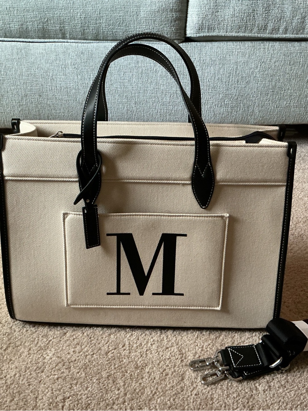 Canvas Tote Bag with Black Trim and Monogram M